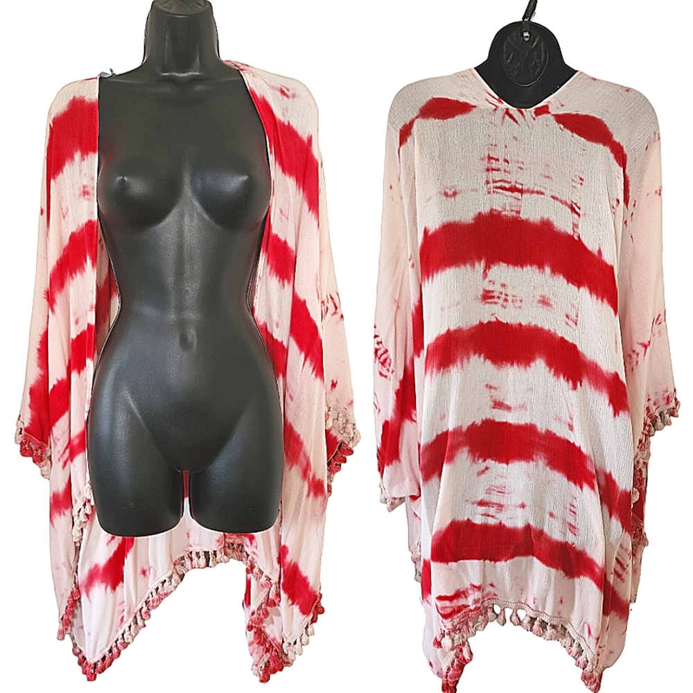 ❤️Michael Stars Kaiana Red & Cream Tie Dye Tassel Fringe Kimono☆ - Picture 2 of 2